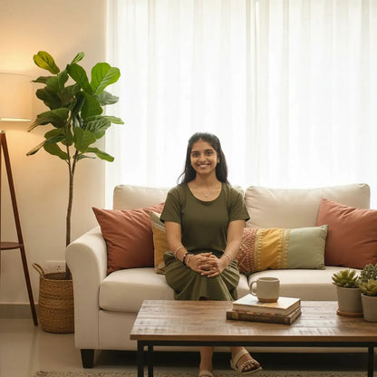 A woman sits smiling on a cream sofa in a bright, modern living room. She is wearing an olive green t-shirt dress 