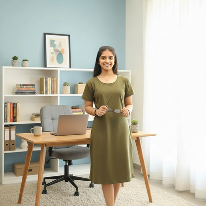 Military Green Solid Hosiery Cotton Knee-Length T-Shirt Dress with Pocket
