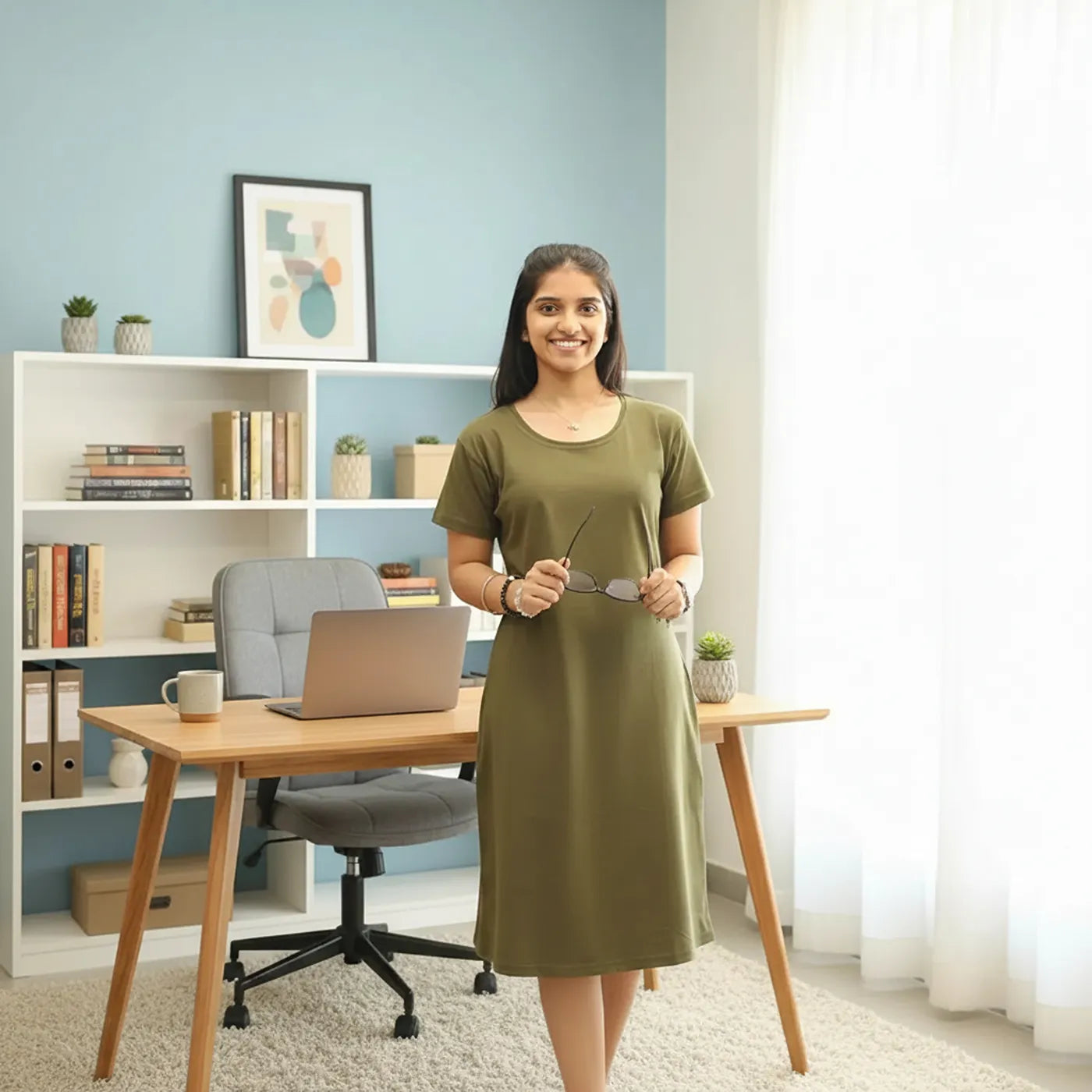 A woman stands in a bright home office wearing an olive green short-sleeve dress. She is holding a pair of glasses in front of a desk with a laptop, shelves with books, and a window with white curtains.