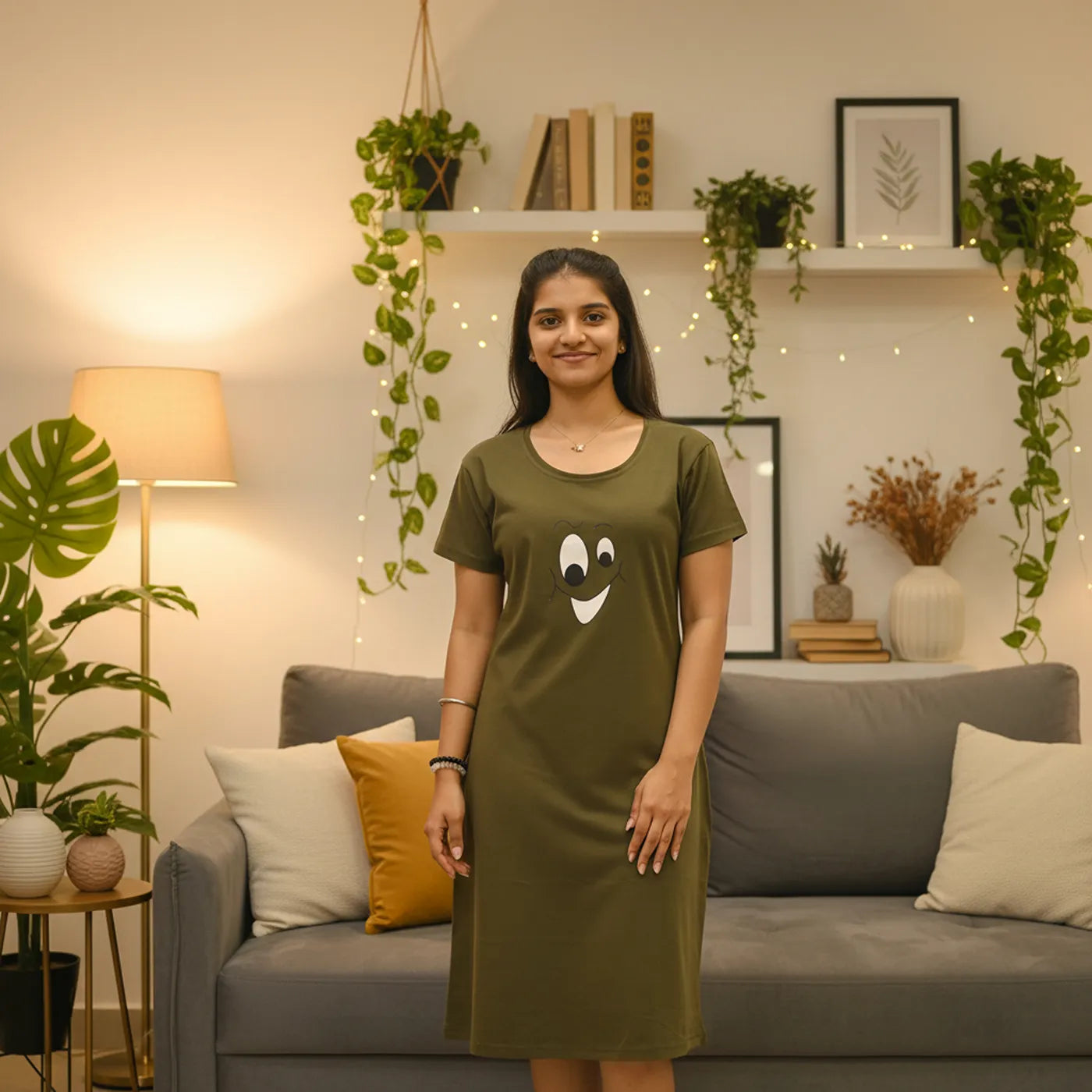 Military Green Smiley Hosiery Cotton Knee-Length Short Nighty with Pocket