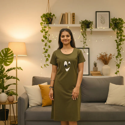 Military Green Smiley Hosiery Cotton Knee-Length Short Nighty with Pocket