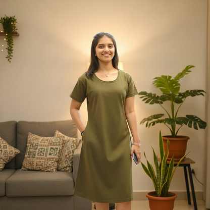 Military Green Solid Hosiery Cotton Knee-Length T-Shirt Dress with Pocket