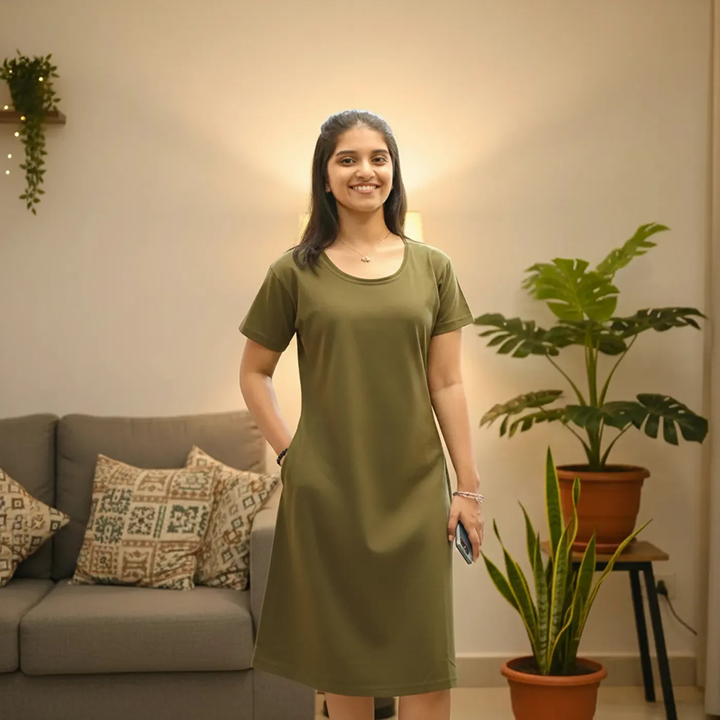 A woman stands in a living room wearing a short-sleeve olive green dress. The room has a gray sofa with patterned pillows, potted plants, and a warm wall light behind her.