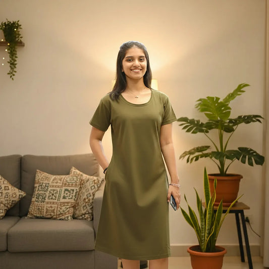 Military Green Solid Hosiery Cotton Knee-Length T-Shirt Dress with Pocket