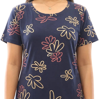 closeup view of the cotton short nighty in navy blue color with all over floral design printed 