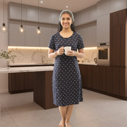 Women wearing a hosiery cotton knee length short nighty with all over floral print design