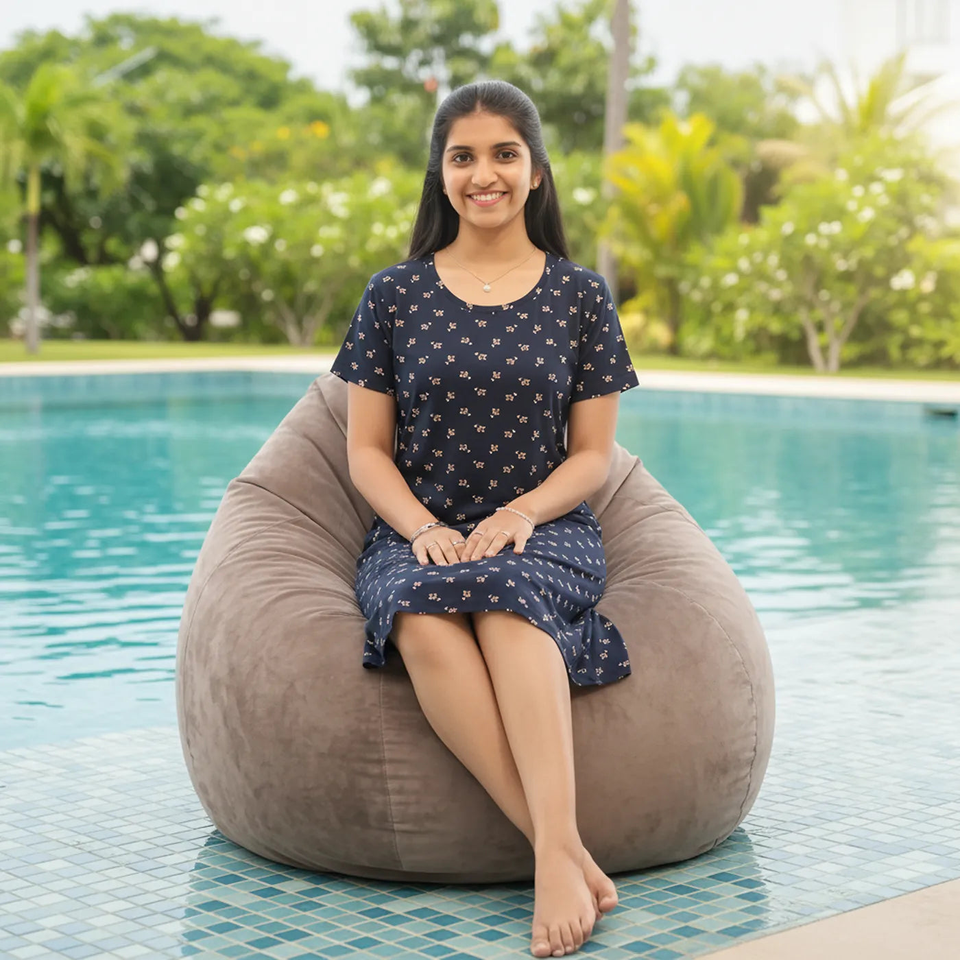 women sitting in a bean bag in front of a resort swimming pool wearing a navy blue color cotton short nighty with all over print design.