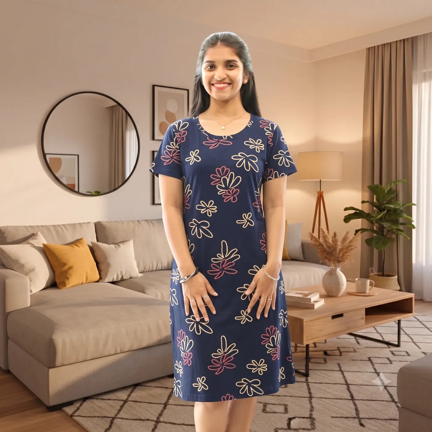 women wearing a cotton navy blue color cotton knee length short nighty with floral prints all over