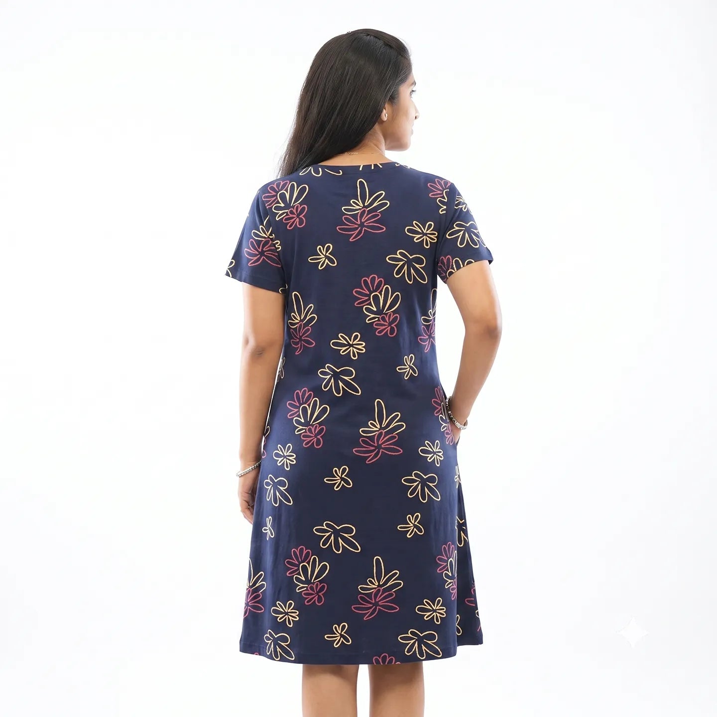 back view of navy blue all over printed cotton short nighty 