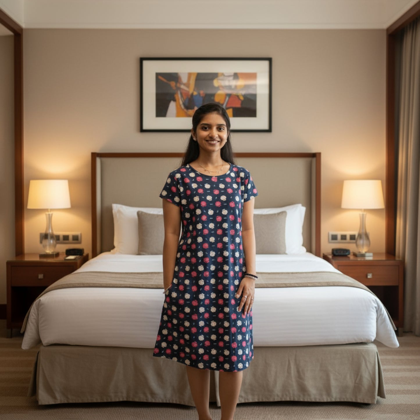 women wearing navy color cotton knee length short nighty with floral design printed on it, hands in pocket 