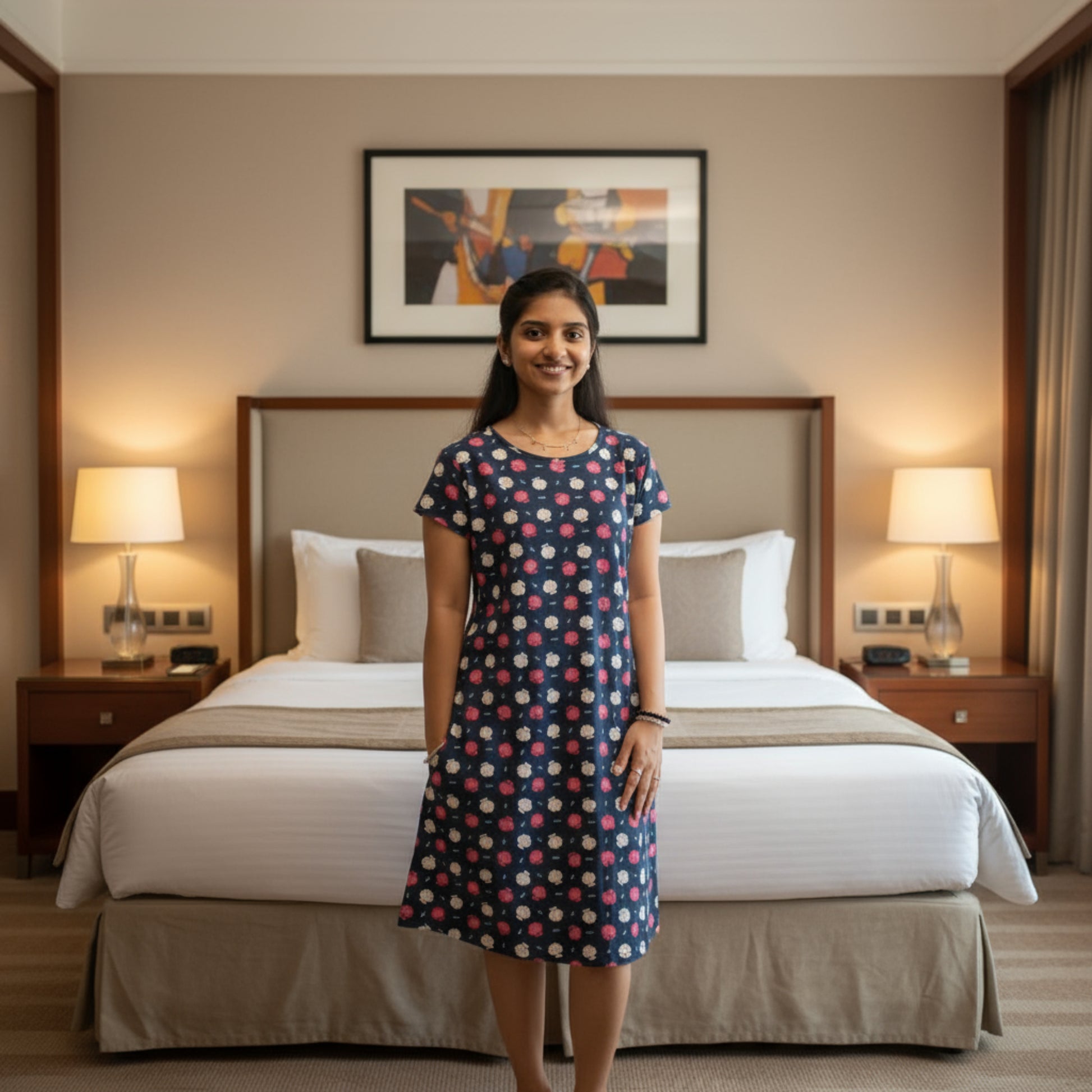 women wearing navy color cotton knee length short nighty with floral design printed on it, hands in pocket 