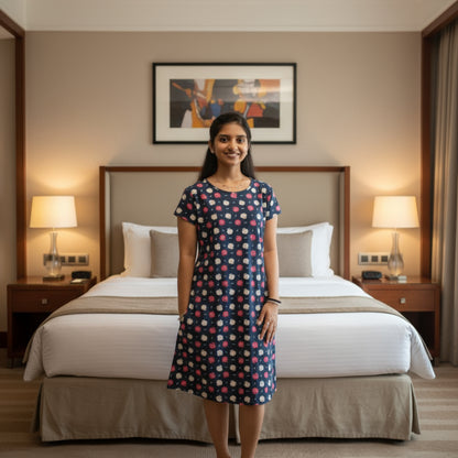 women wearing navy color cotton knee length short nighty with floral design printed on it, hands in pocket 