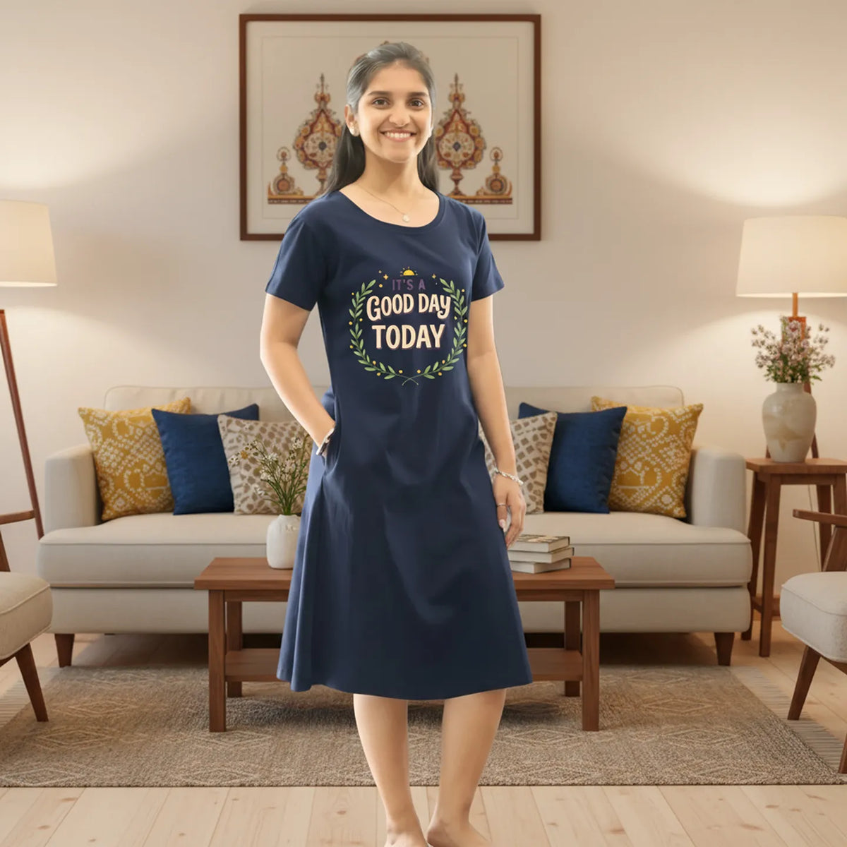 women wearing a navy hosiery cotton knee length with text  design printed in chest area, it's a good day today is written , hands in right side pocket