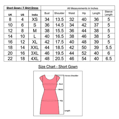 Size chart for old knee length short nighty