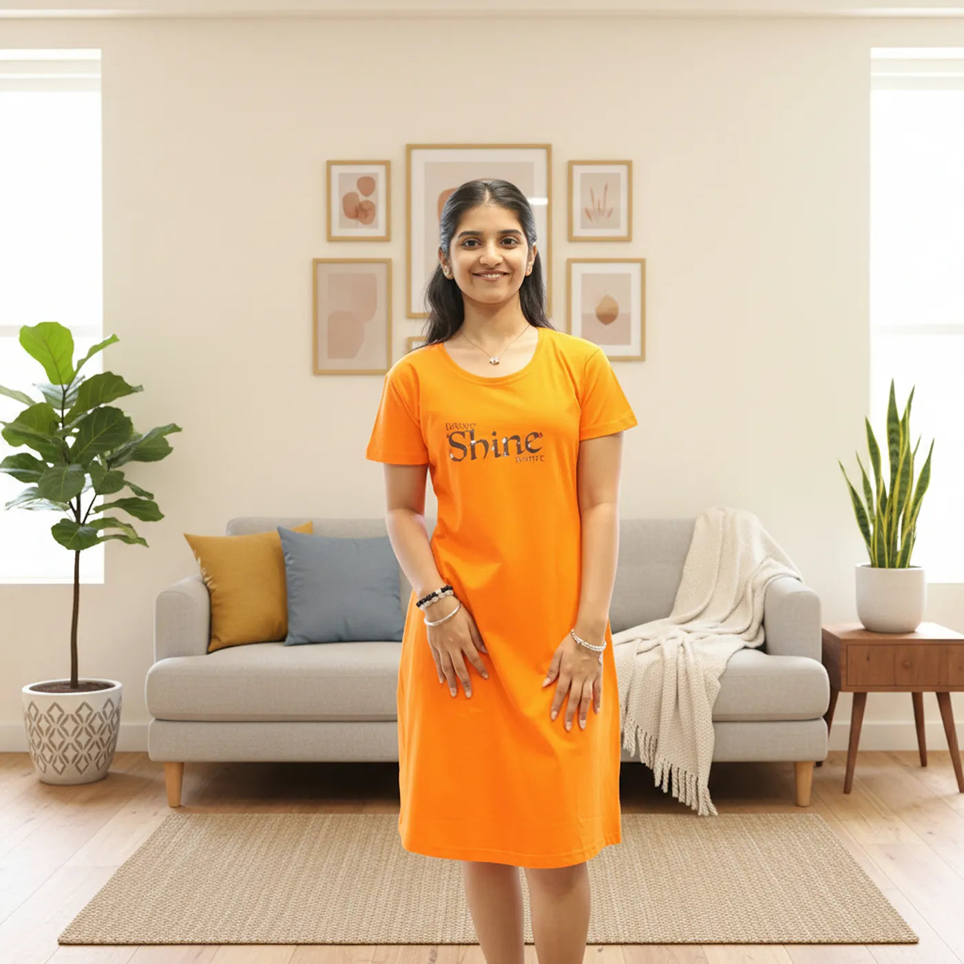 Orange Shine Hosiery Cotton Knee-Length Short Nighty with Pocket