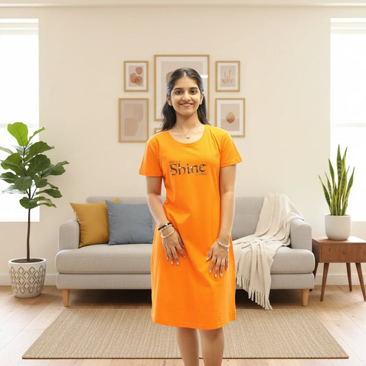 Orange Shine Hosiery Cotton Knee-Length Short Nighty with Pocket