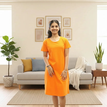 Dark Orange Solid Hosiery Cotton Knee-Length T-Shirt Dress with Pocket