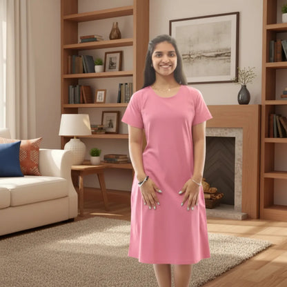 Pink Solid Hosiery Cotton Knee-Length T-Shirt Dress with Pocket