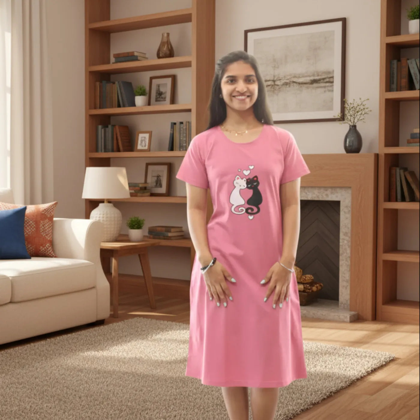 Women wearing a pink nightshirt with a cat design in a cozy living room.