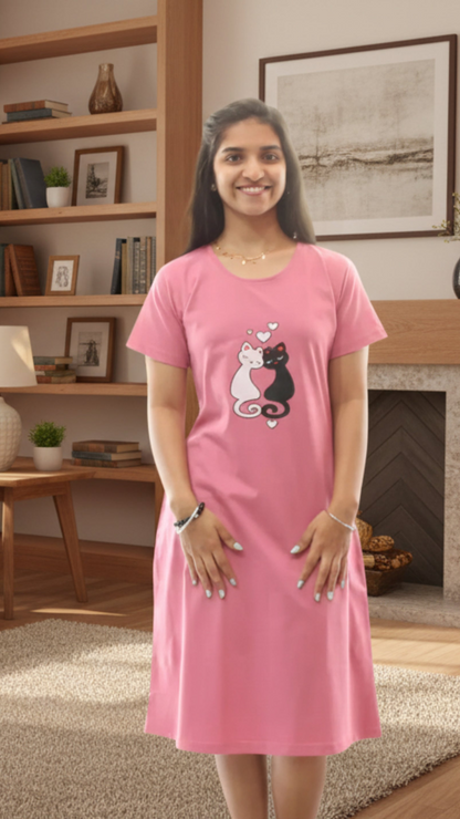 pink color cotton knee length nighty with cat design printed in chest area