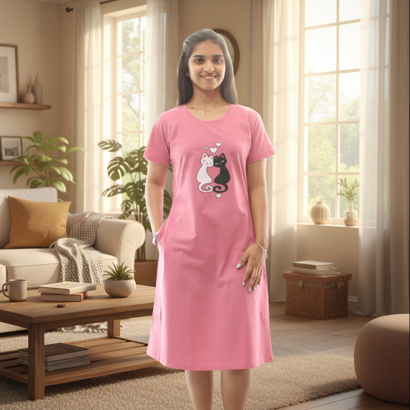 Woman wearing a pink knee length short nighty with a black and white cat design