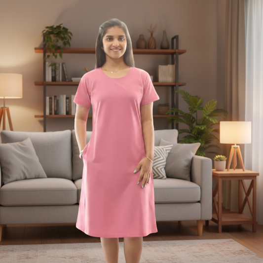 Pink Solid Hosiery Cotton Knee-Length T-Shirt Dress with Pocket