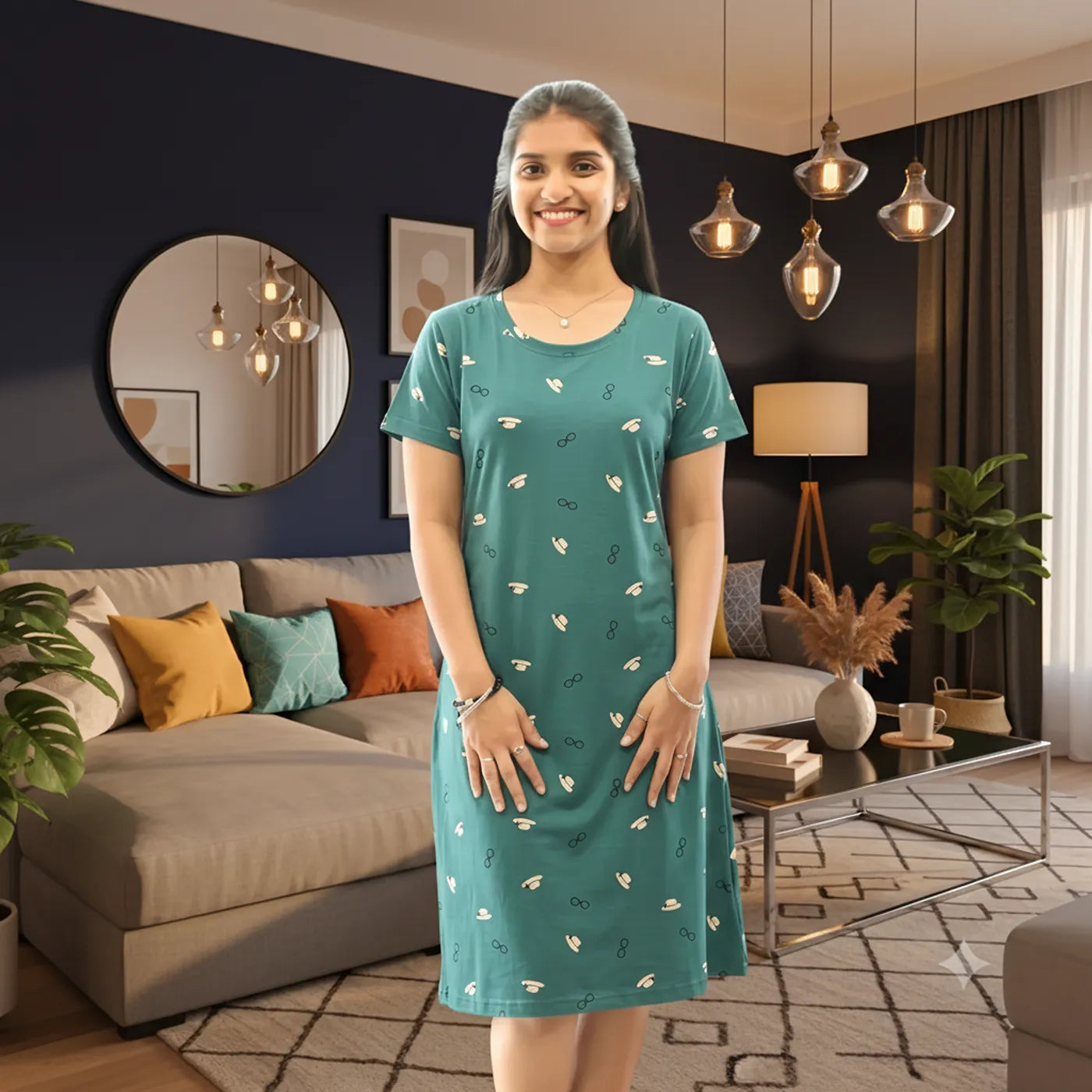 women wearing cotton knee length short gown, it has print all over and it's in pista green color 