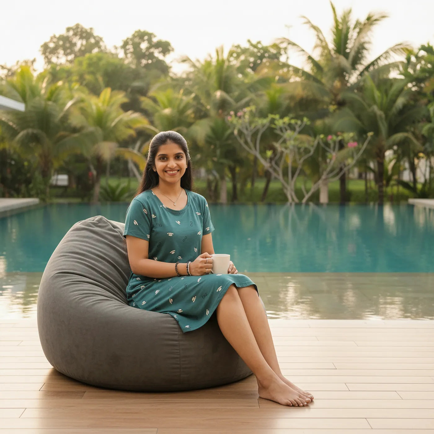 women wearing knee length cotton short nighty with pockets and sitting in a bean bag near a swimming pool, best travel wear
