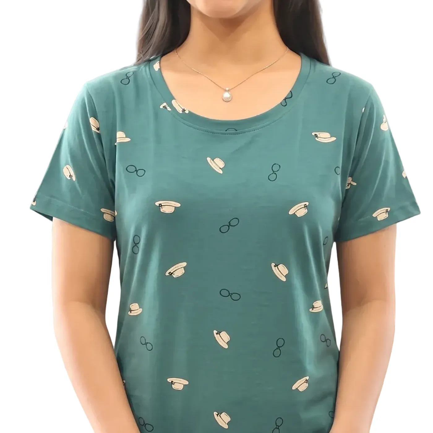 closeup view of the cotton pista green color cotton short nighty with all over print design