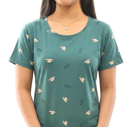 closeup view of the cotton pista green color cotton short nighty with all over print design