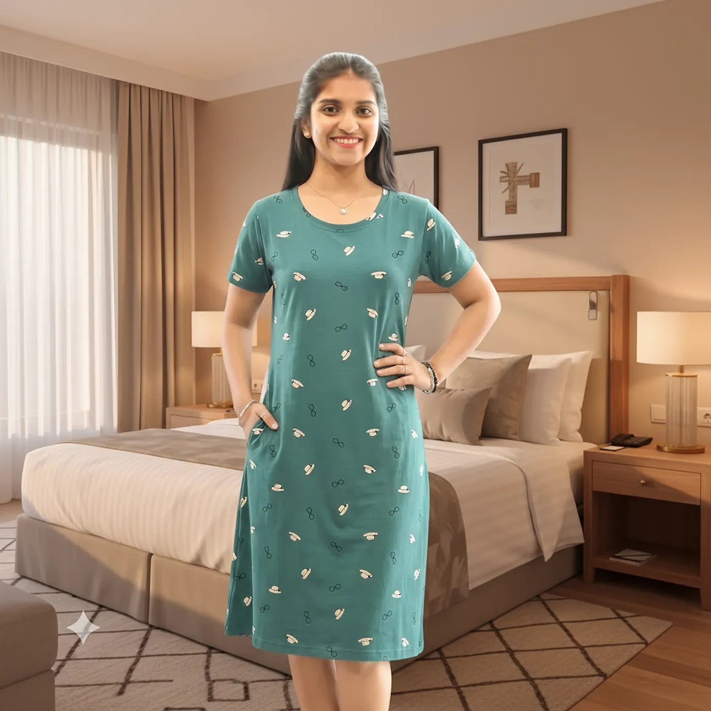 Women wearing a hosiery cotton knee length short nighty with pocket, nighty is in pista green color and it has print all over with hat and goggles design