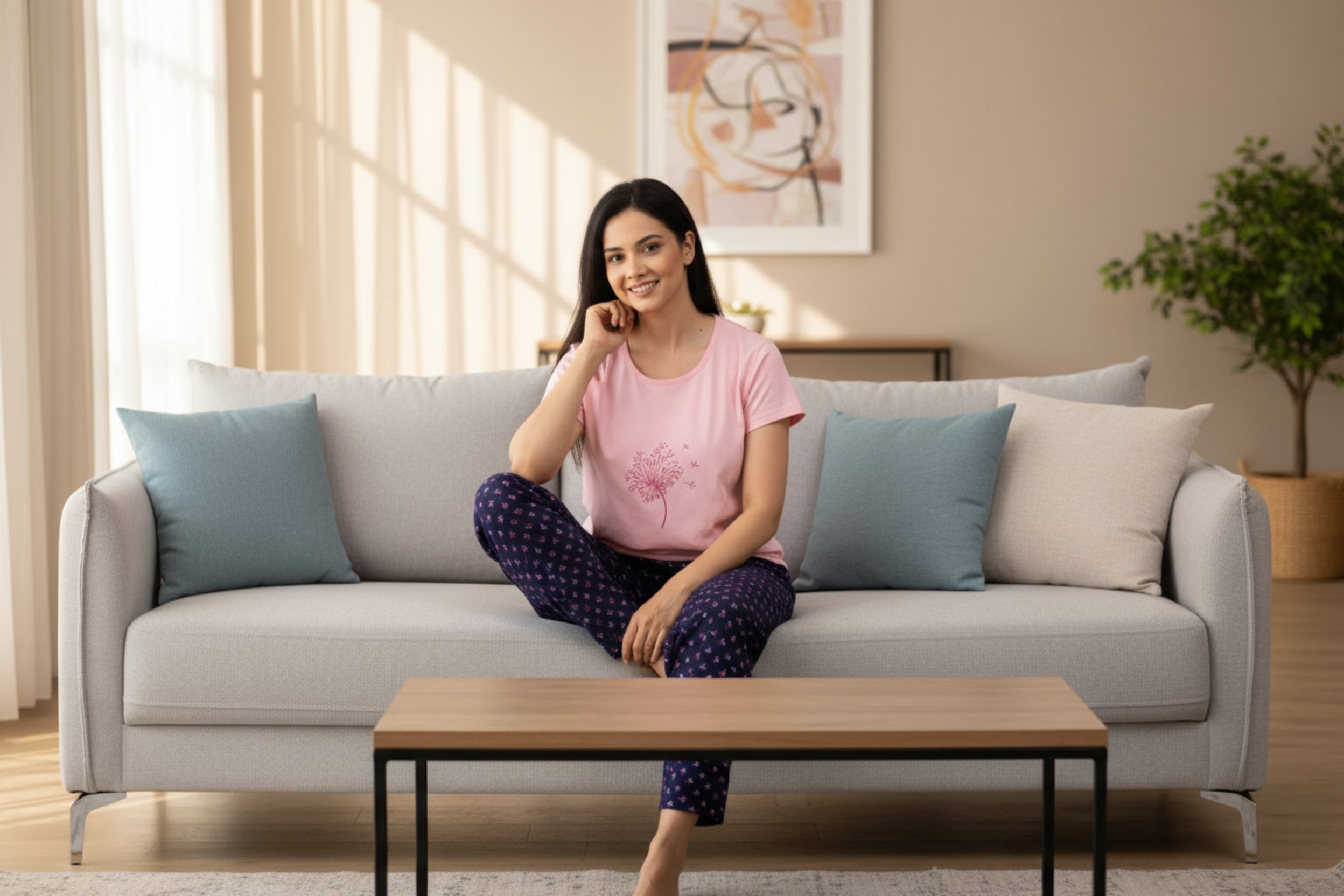 Women wearing light pink t shirt and navy printed pyjama 
