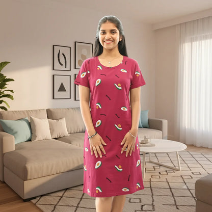 Women wearing hosiery cotton knee length short nighty with avocado fruit design printed all over