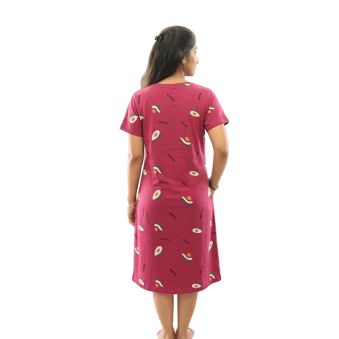 back view of hosiery cotton knee length short nighty with pocket, red color and with all over print design
