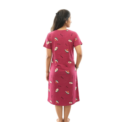 back view of hosiery cotton knee length short nighty with pocket, red color and with all over print design