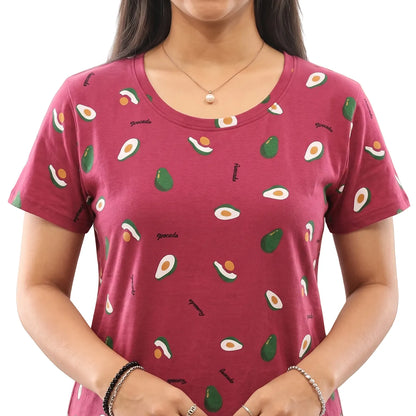 close up view of cotton red color cotton short nighty with avocado fruit design printed all over. 
