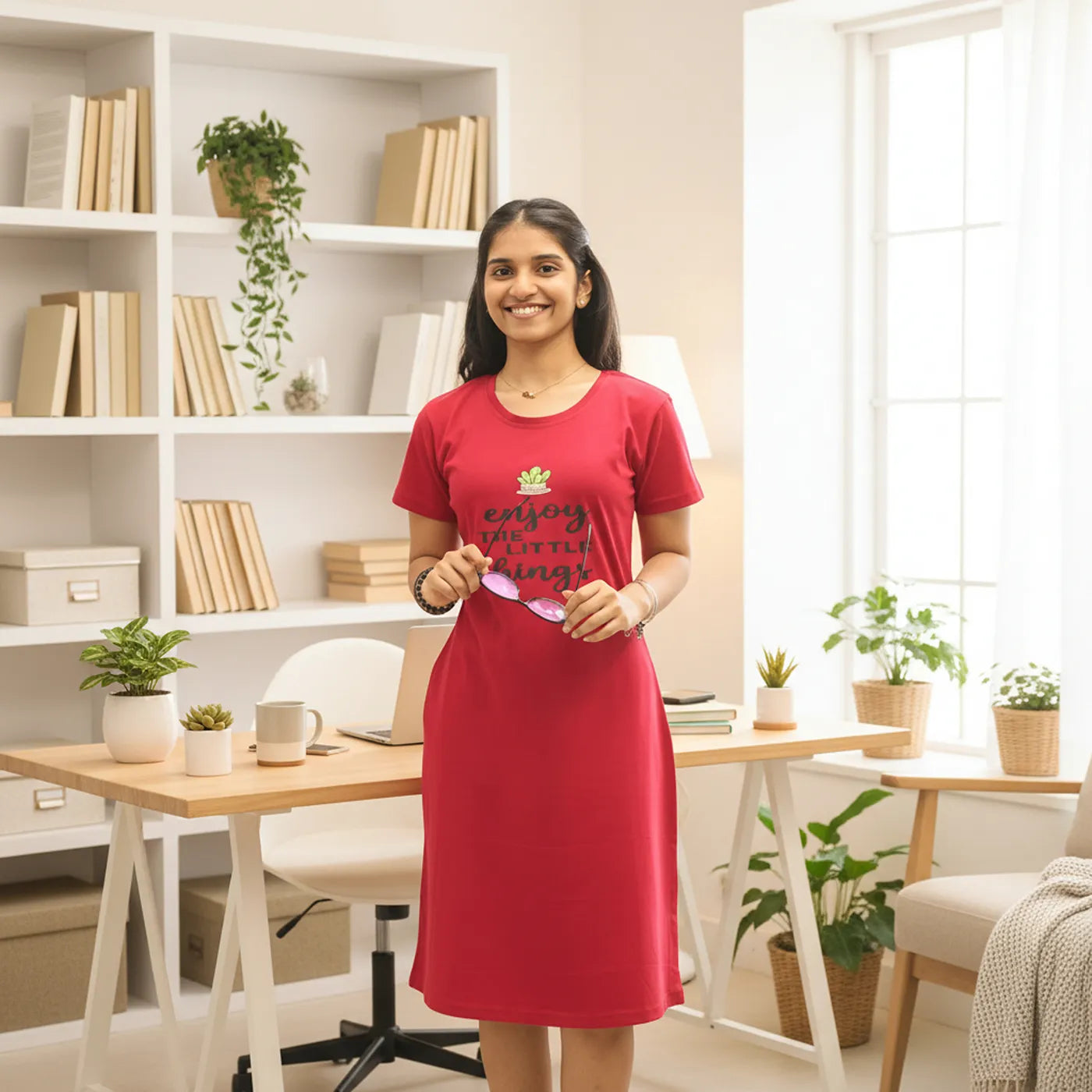 Reddish Maroon Enjoy Hosiery Cotton Knee-Length Short Nighty with Pocket