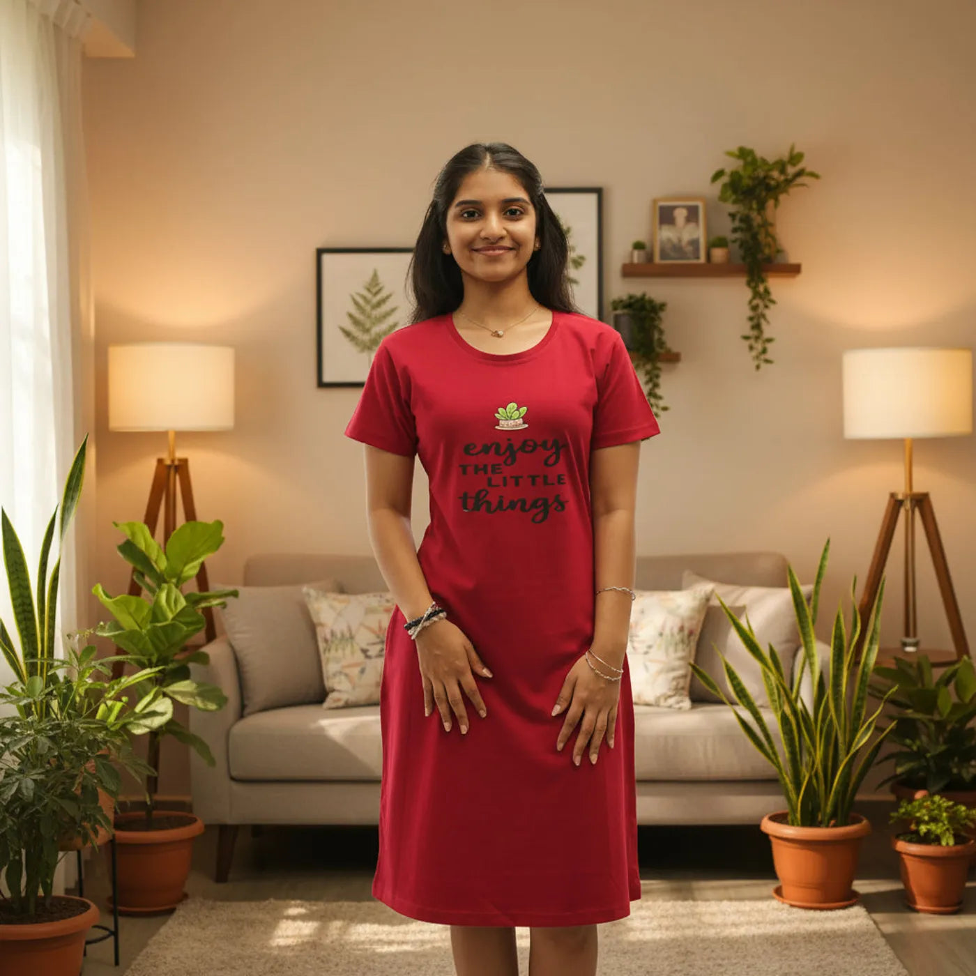 Reddish Maroon Enjoy Hosiery Cotton Knee-Length Short Nighty with Pocket