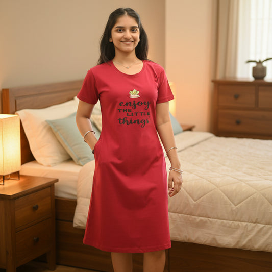 Reddish Maroon Enjoy Hosiery Cotton Knee-Length Short Nighty with Pocket