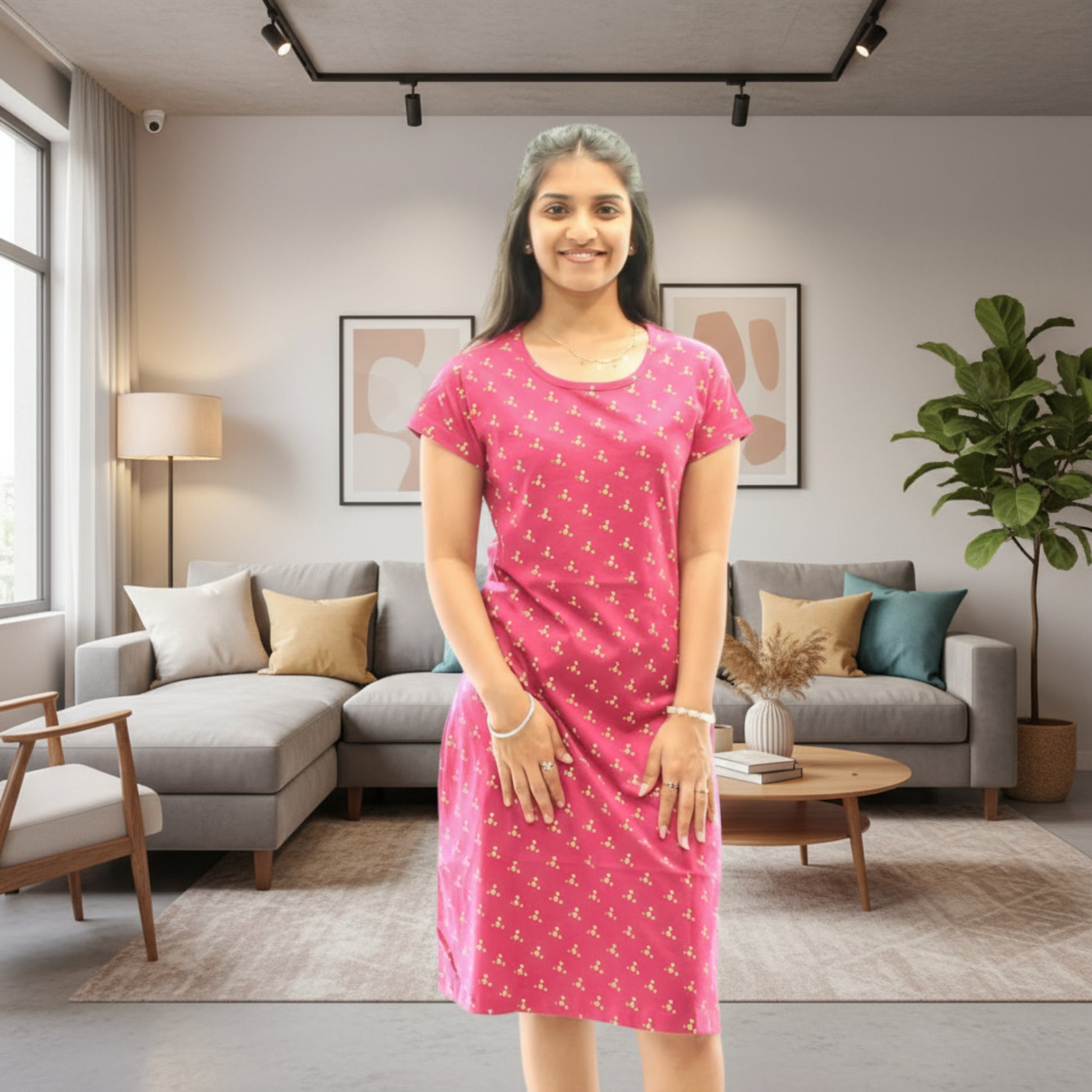 Women wearing red color cotton short nighty with yellow color print on it