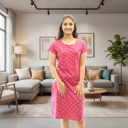 women wearing red cotton short nighty with all over print design