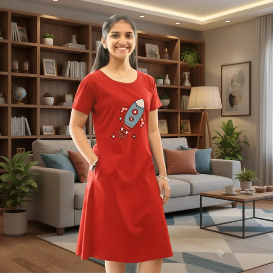 women wearing a red color cotton knee length short nighty with pocket, rocket design printed in chest area 