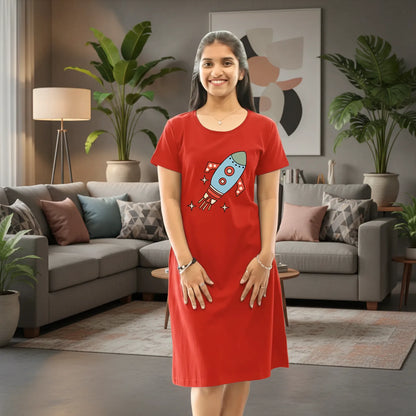 women wearing hosiery cotton knee length short nighty with pocket in red color 