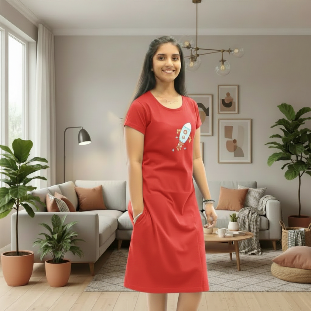 Red Rocket Hosiery Cotton Knee-Length Short Nighty with Pocket