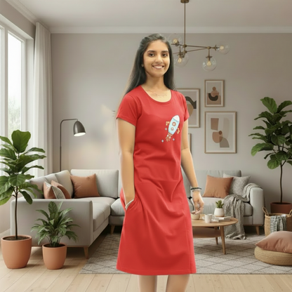 Red Rocket Hosiery Cotton Knee-Length Short Nighty with Pocket