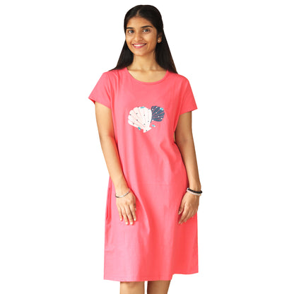 Cotton Knee Length Short Nighty - Coral