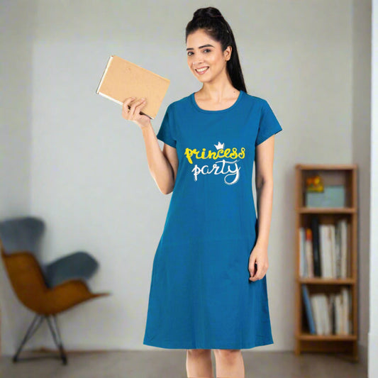 tesl color t shirt dress with princess party written on chest area