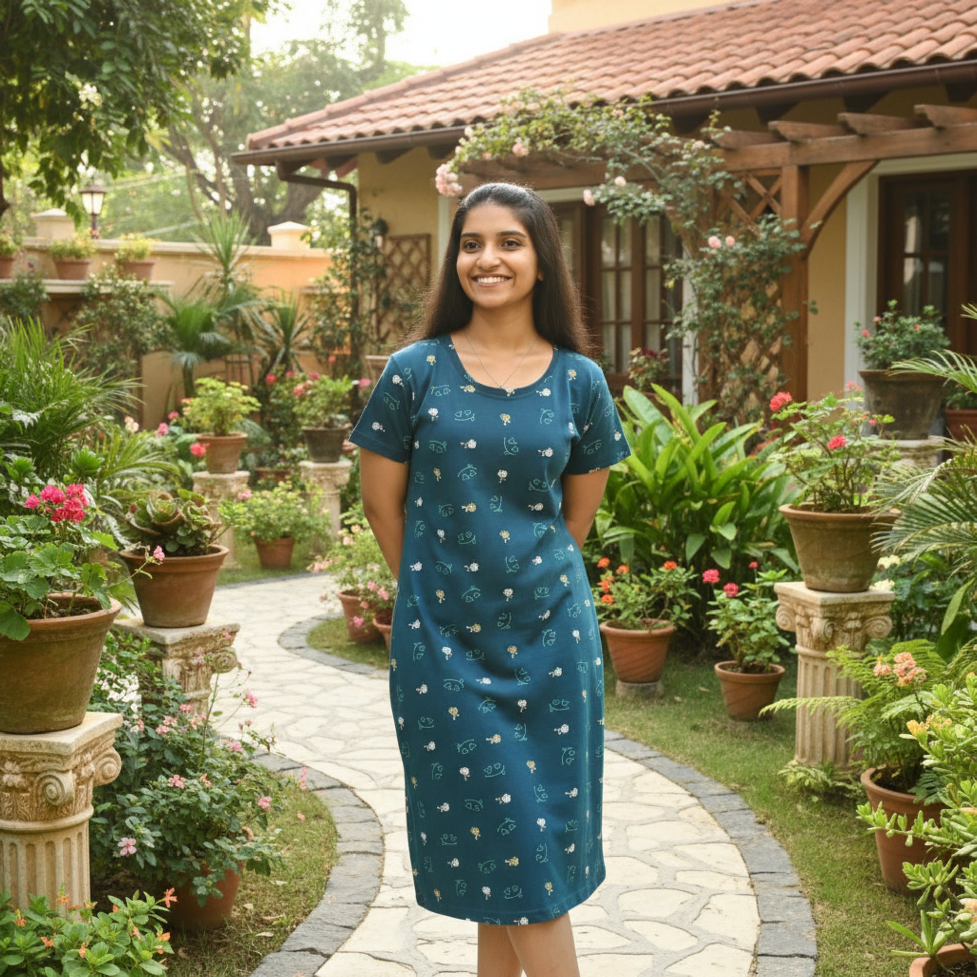 women wearing teal color cotton short nighty with all over prints