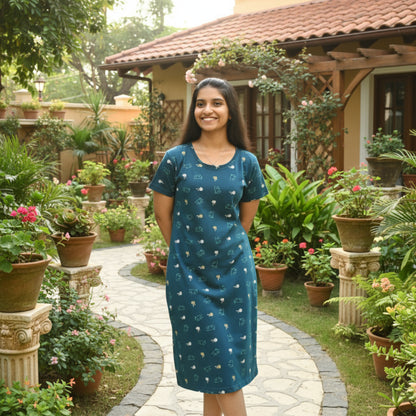 women wearing teal color cotton short nighty with all over prints