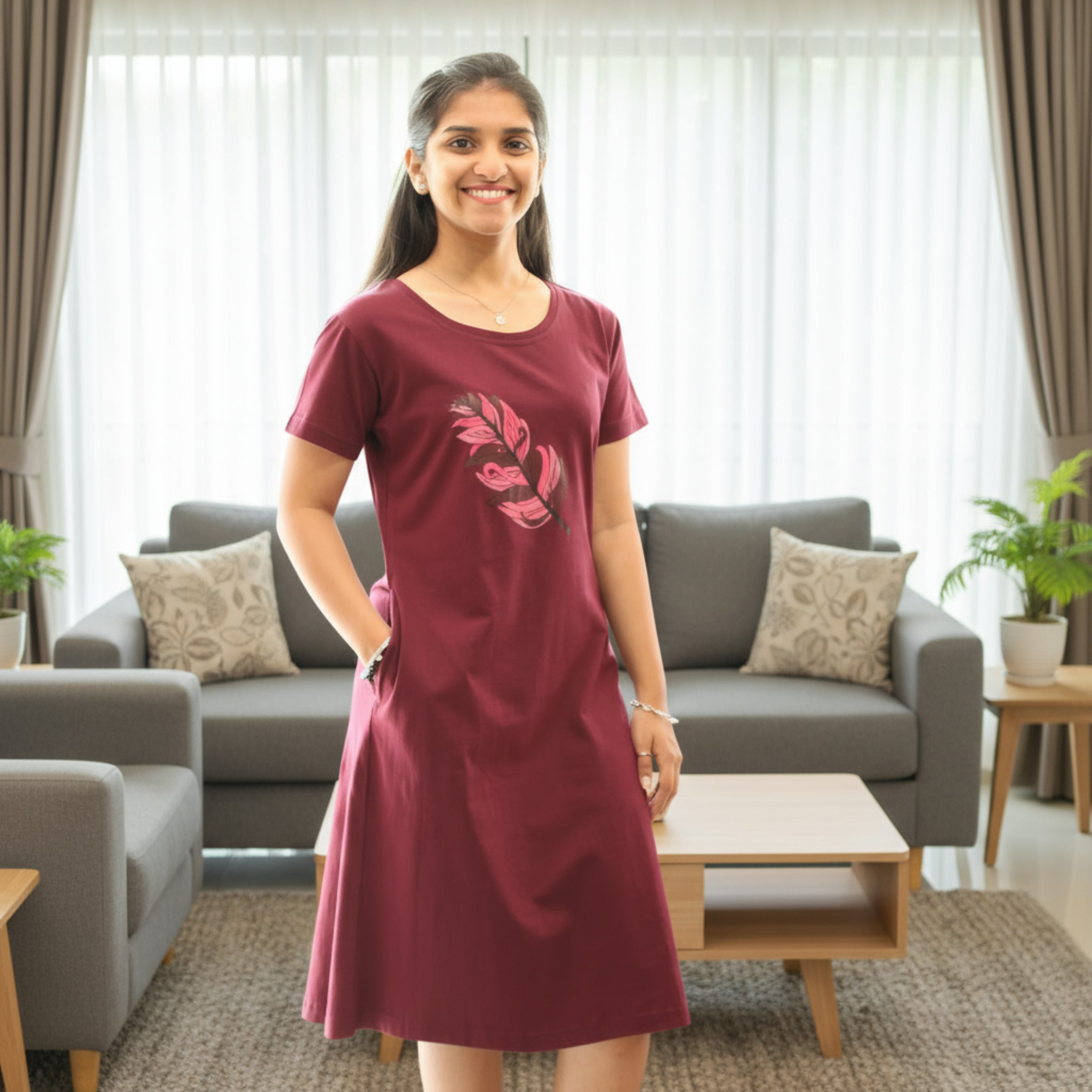 Women wearing wine color cotton short nighty with hands in pocket